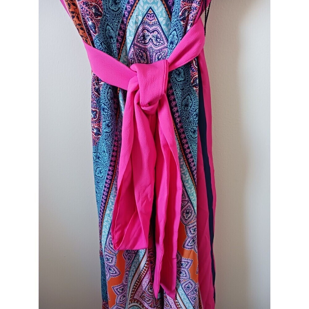 Eliza J Maxi Dress Women's 8 Black Pink Scarf Print Tie Waist Boho - Picture 5 of 8